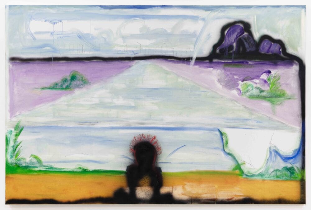 George Nelson Preston From the Ayahuasca Notebook: Carlos Doethyró Tukano Contemplating Rodrigo de Freitas Lagoon and Beyond (II) / Do Caderno de Ayahuasca: Carlos Doethyró Tukano contemplando Lagoa Rodrigo de Freitas é alem (II), 2022 Oil on canvas 48 x 72 1/8 inches (121.9 x 183.2 cm)