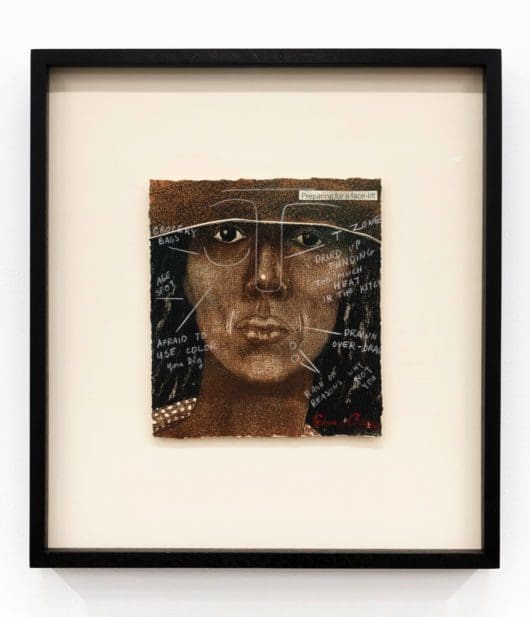 Emma Amos Preparing for a Facelift, 1981 Mixed media drawing over etching with collage Image Dimensions: 8 1/4 x 7 3/4 inches (21 x 19.7 cm) Framed Dimensions: 16 3/8 x 14 7/8 x 1 3/4 inches (41.6 x 37.8 x 4.4 cm)