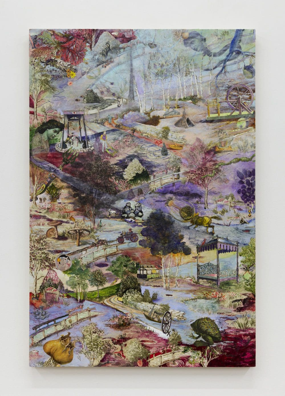Josh Dorman An Embarrassment of Riches, 2022 Ink, acrylic, antique pictures and thread on panel 36 x 24 x 2 inches (91.4 x 61 x 5.1 cm)
