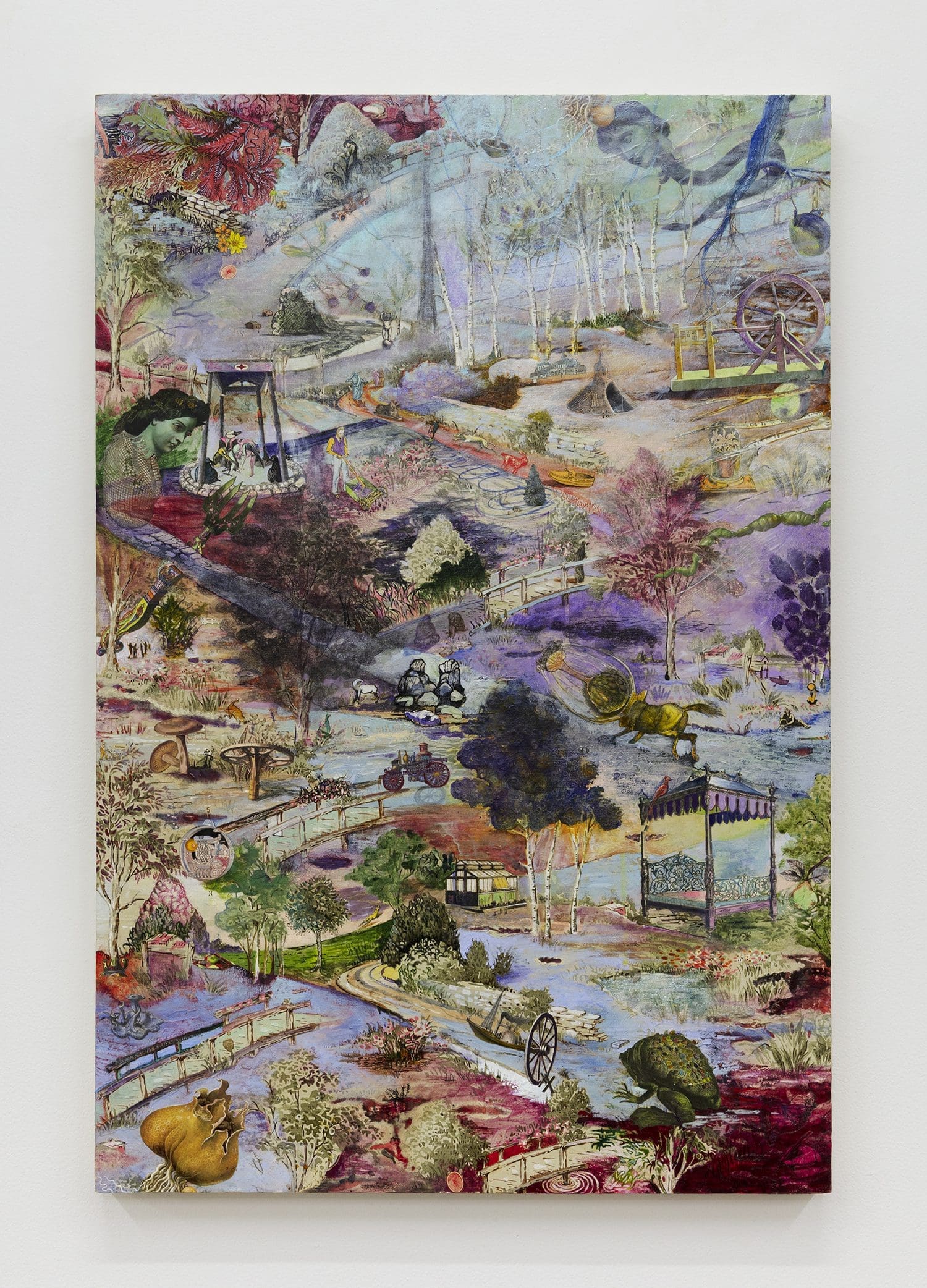 Josh Dorman An Embarrassment of Riches, 2022 Ink, acrylic, antique pictures and thread on panel 36 x 24 x 2 inches (91.4 x 61 x 5.1 cm)