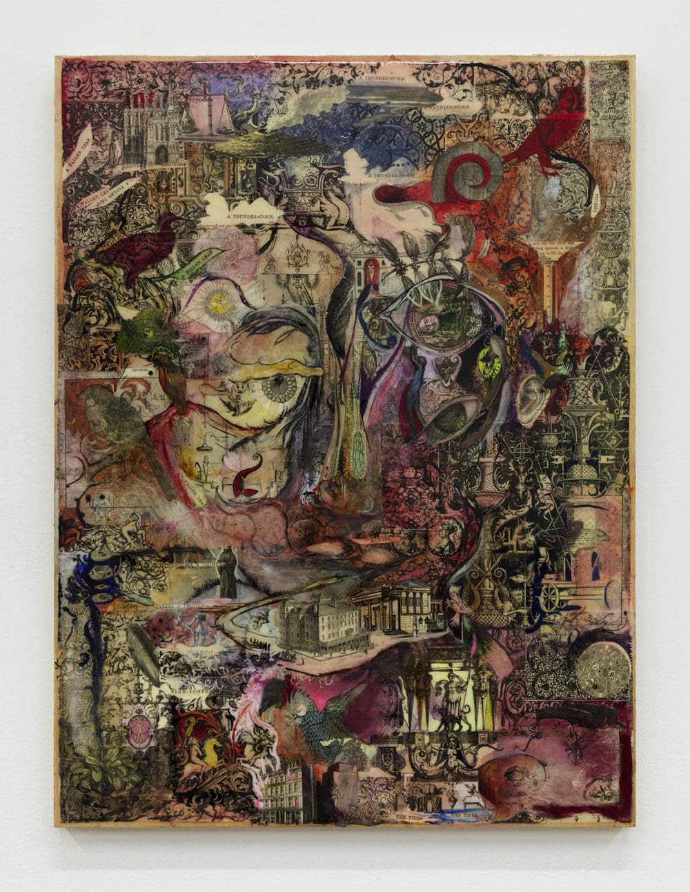 Josh Dorman Being (In There Somewhere), 2019 Ink, acrylic, antique paper and resin on panel 24 x 18 inches (45.7 x 61 cm)