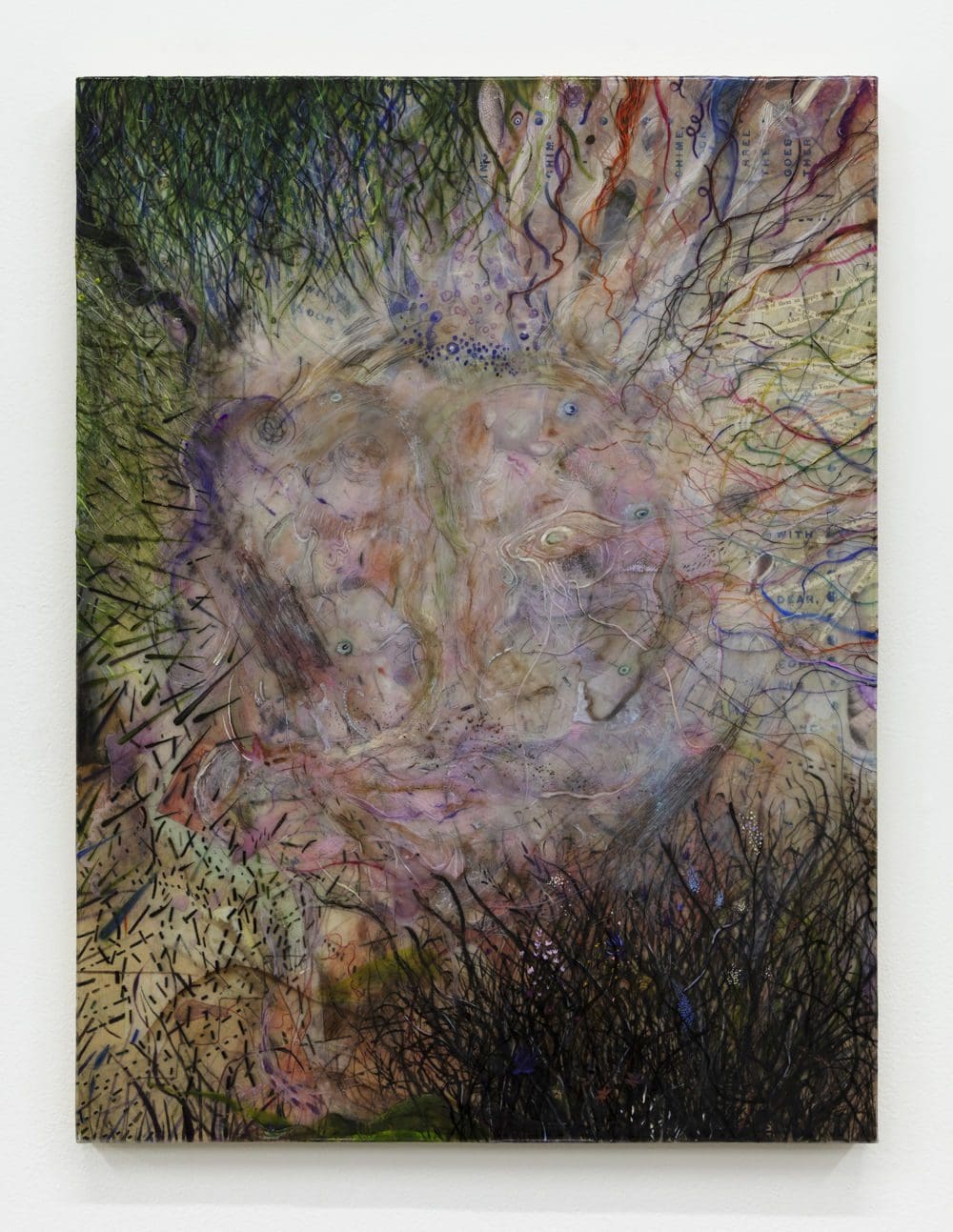 Josh Dorman Being (threads), 2022 Ink, acrylic, antique paper, thread, and resin on panel 24 x 18 inches (45.7 x 61 cm)