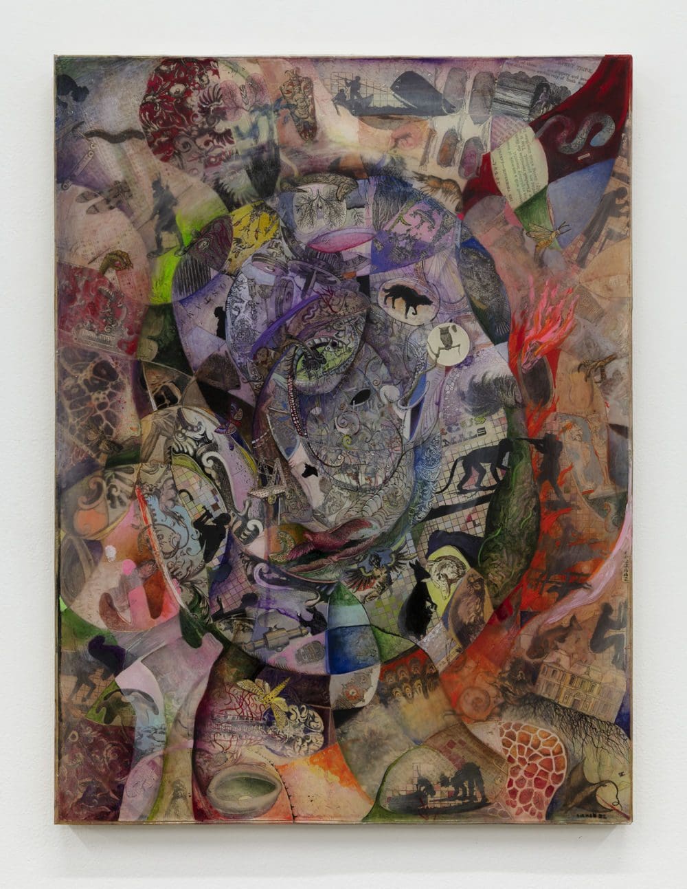 Josh Dorman Being (aflame), 2022 Ink, acrylic, antique paper and resin on panel 24 x 18 inches (45.7 x 61 cm)