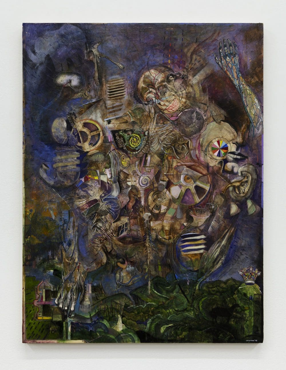 Josh Dorman Being (gears), 2022 Ink, acrylic, antique paper on panel 24 x 18 inches (45.7 x 61 cm)