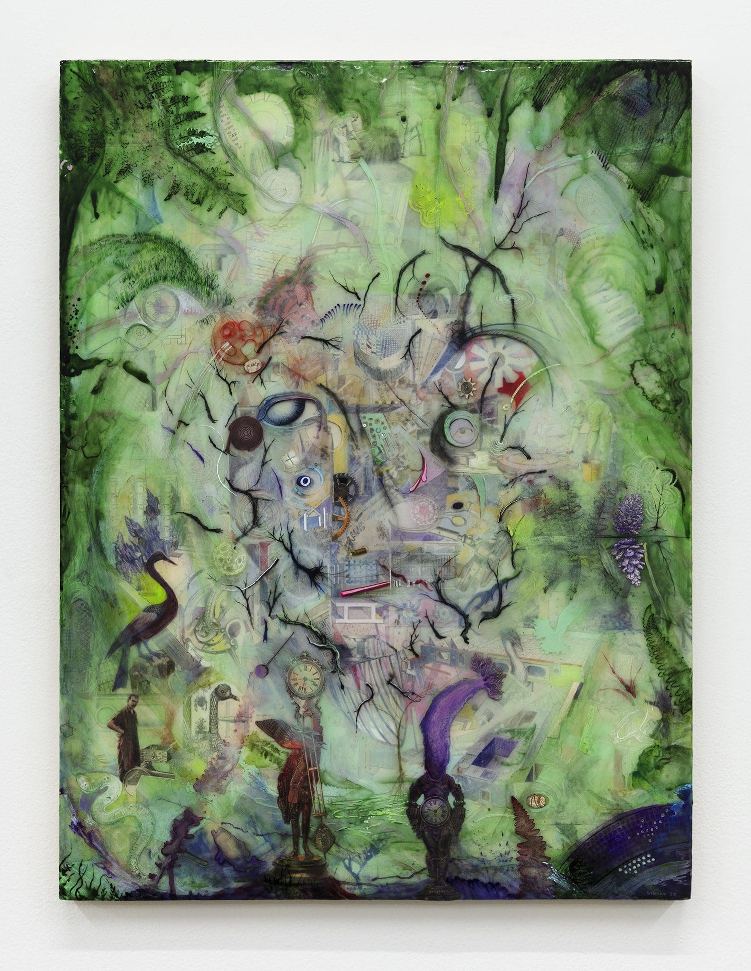Josh Dorman Being (green), 2022 Ink, acrylic, antique paper and resin on panel 24 x 18 inches (45.7 x 61 cm)