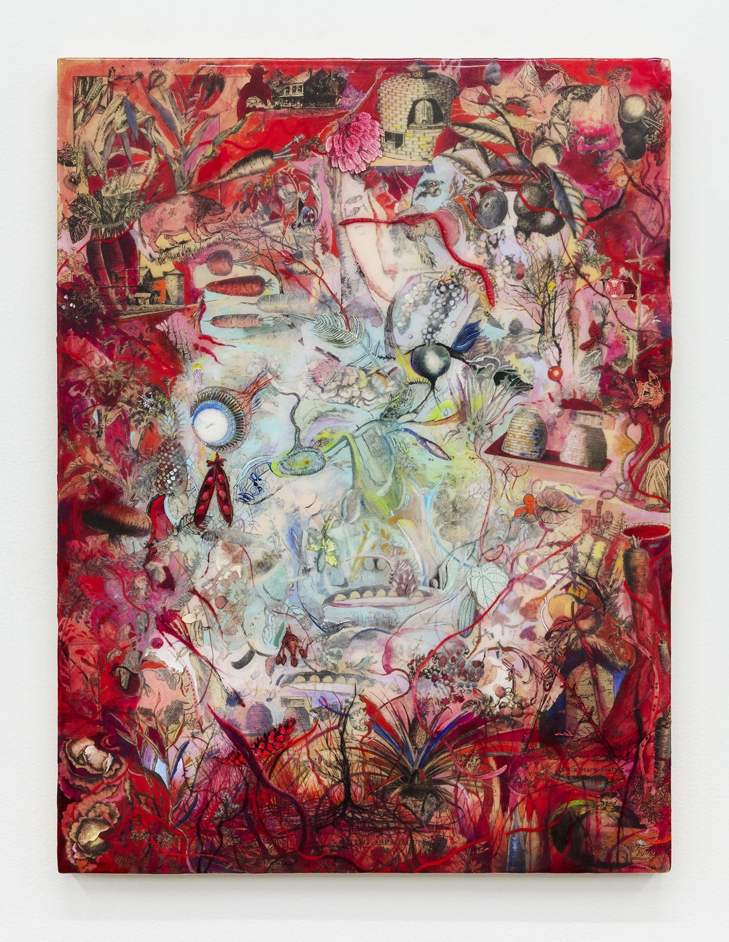 Josh Dorman Being (red), 2022 Ink, acrylic, antique paper and resin on panel 24 x 18 inches (45.7 x 61 cm)
