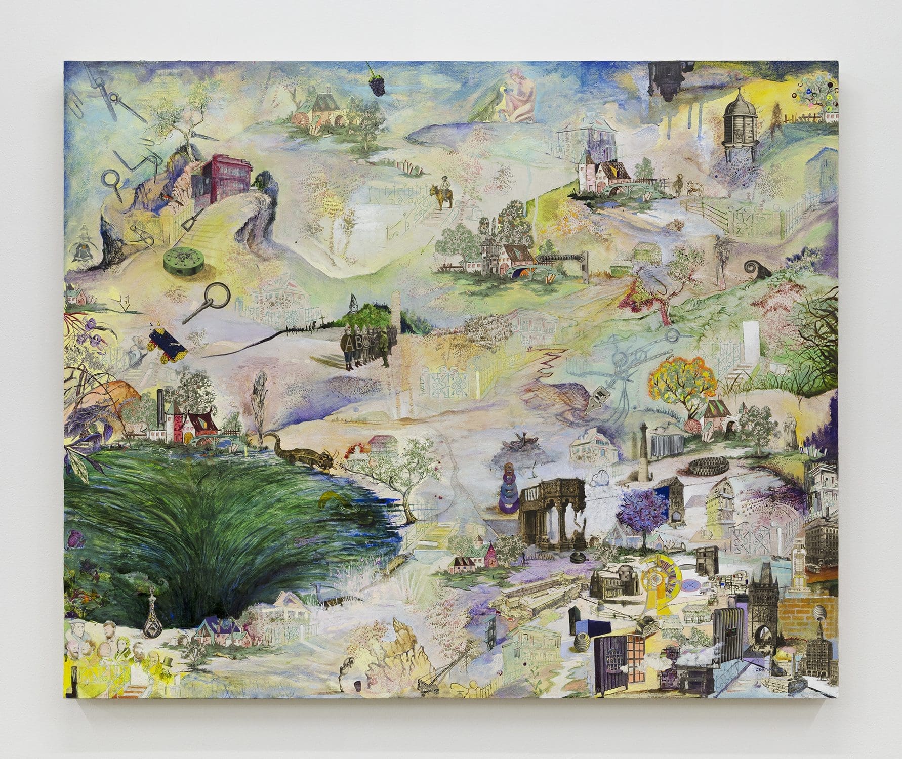Josh Dorman Fruiting Season, 2022 Ink, acrylic, antique pictures on panel 38 x 46 x 2 inches (96.5 x 116.8 x 5.1 cm)