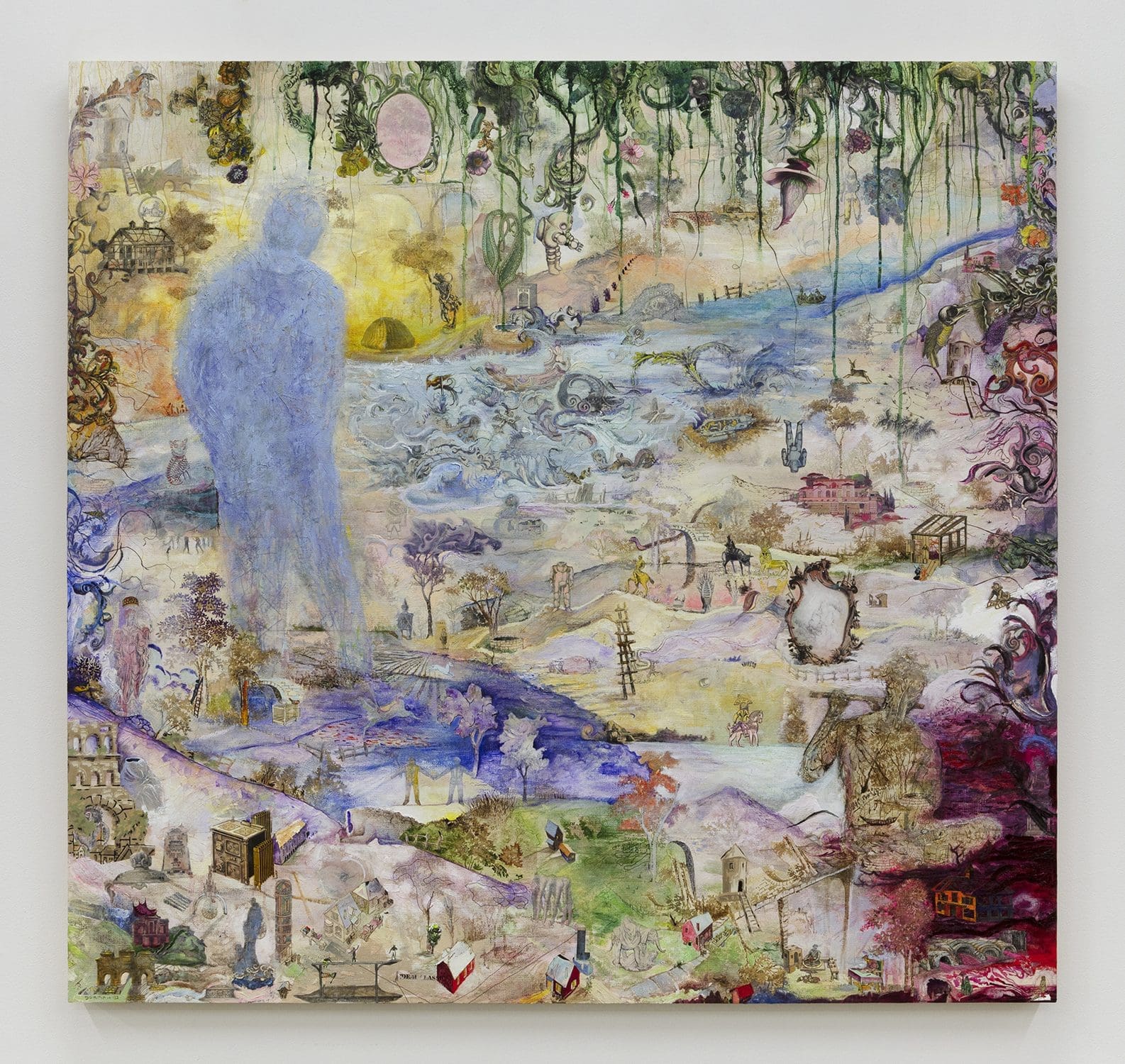 Josh Dorman Idyll (Whiling), 2022 Ink, acrylic, antique pictures, thread and oil paint on panel 48 x 50 x 2 inches (121.9 x 127 x 5.1 cm)