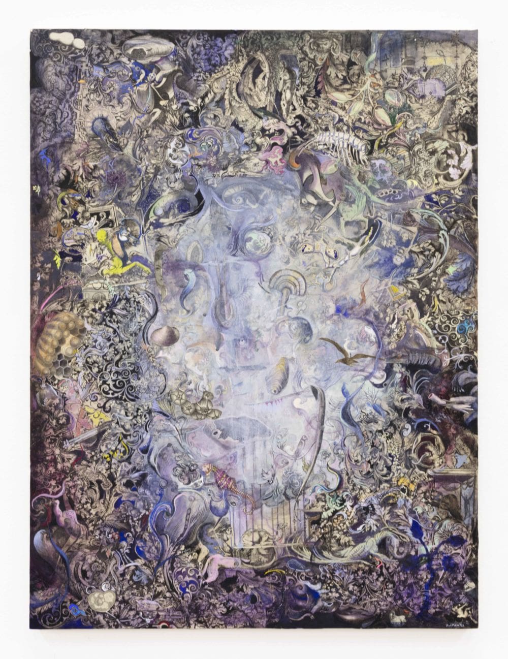 Josh Dorman Being #5 (Nocturne), 2022 Ink, acrylic, antique paper, and resin on panel 24 x 18 inches (61 x 45.7 cm)