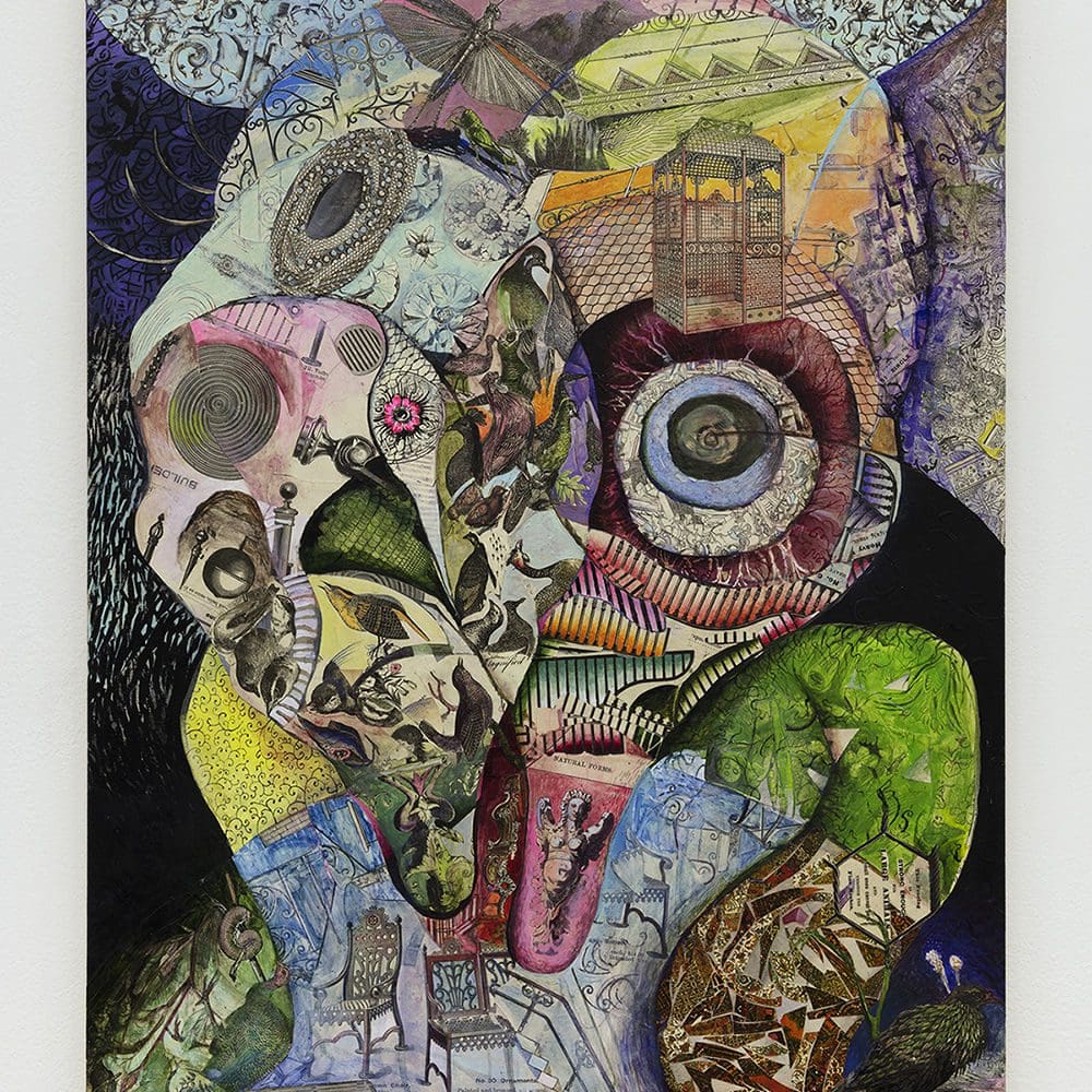 Josh Dorman Being (bulb), 2022 Ink, acrylic, antique paper on panel 24 x 18 inches (45.7 x 60.6 cm)