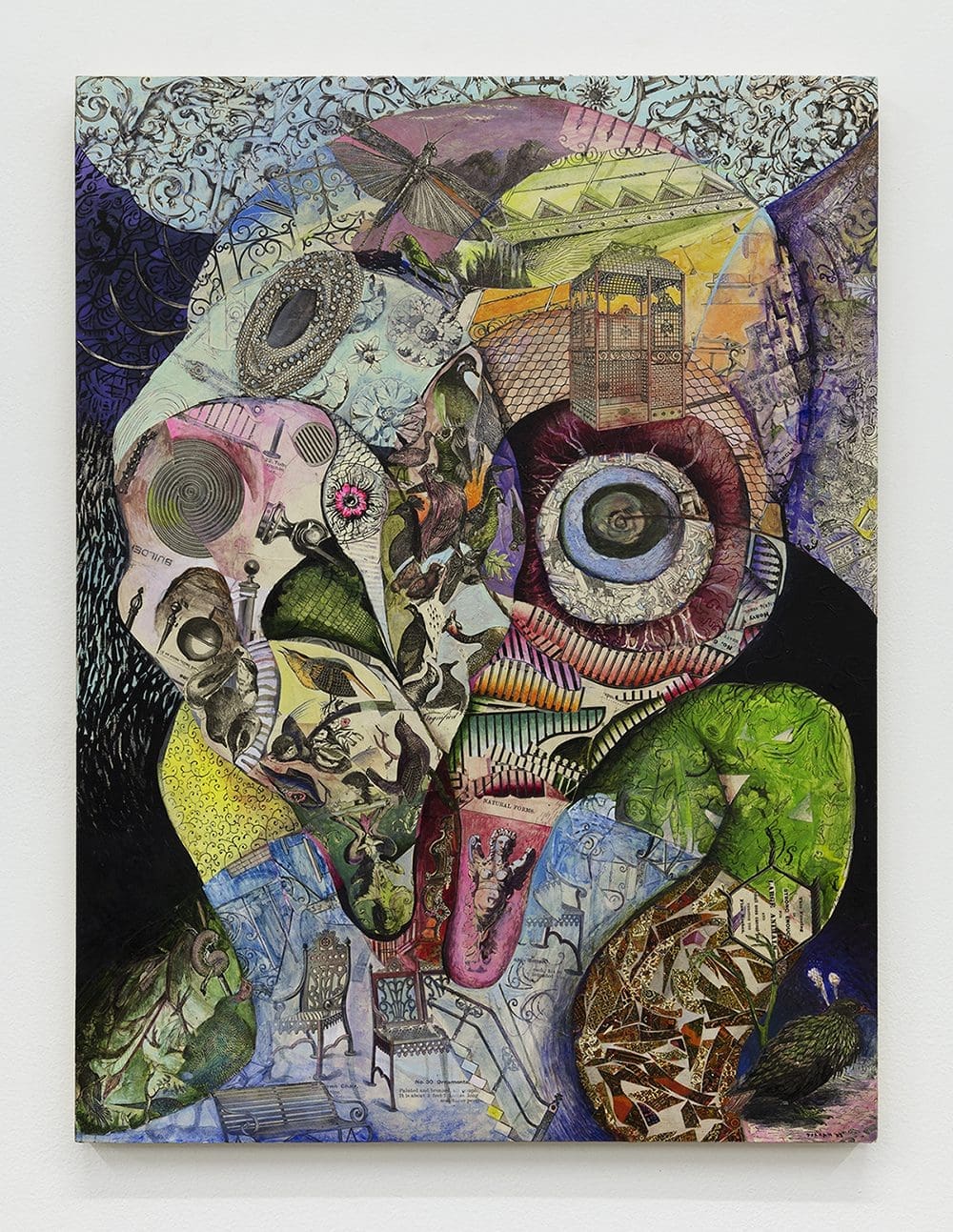 Josh Dorman Being (bulb), 2022 Ink, acrylic, antique paper on panel 24 x 18 inches (45.7 x 60.6 cm)