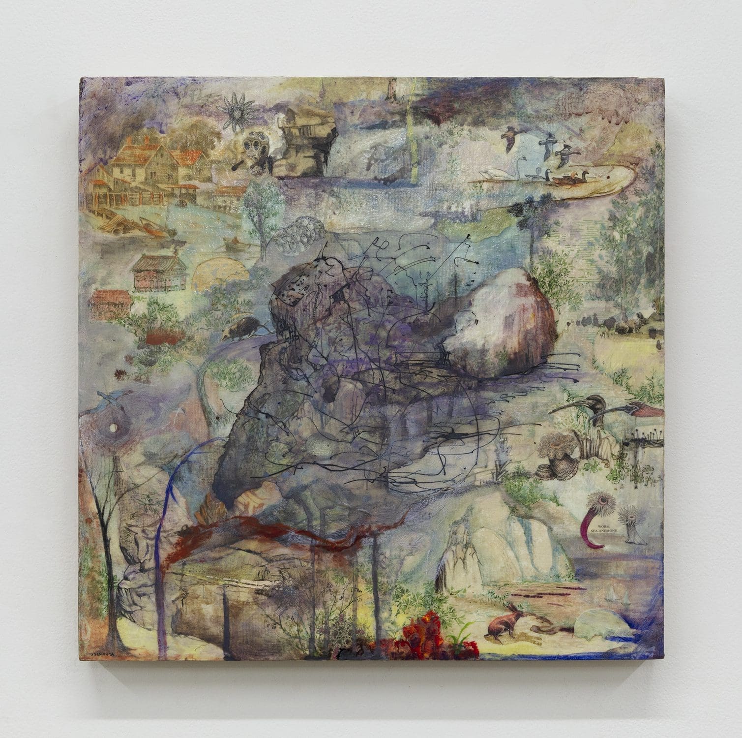 Josh Dorman Peaceable, 2022 Ink, acrylic, antique pictures on panel 18 x 18 x 2 inches (45.7 x 45.7 x 5.1 cm)