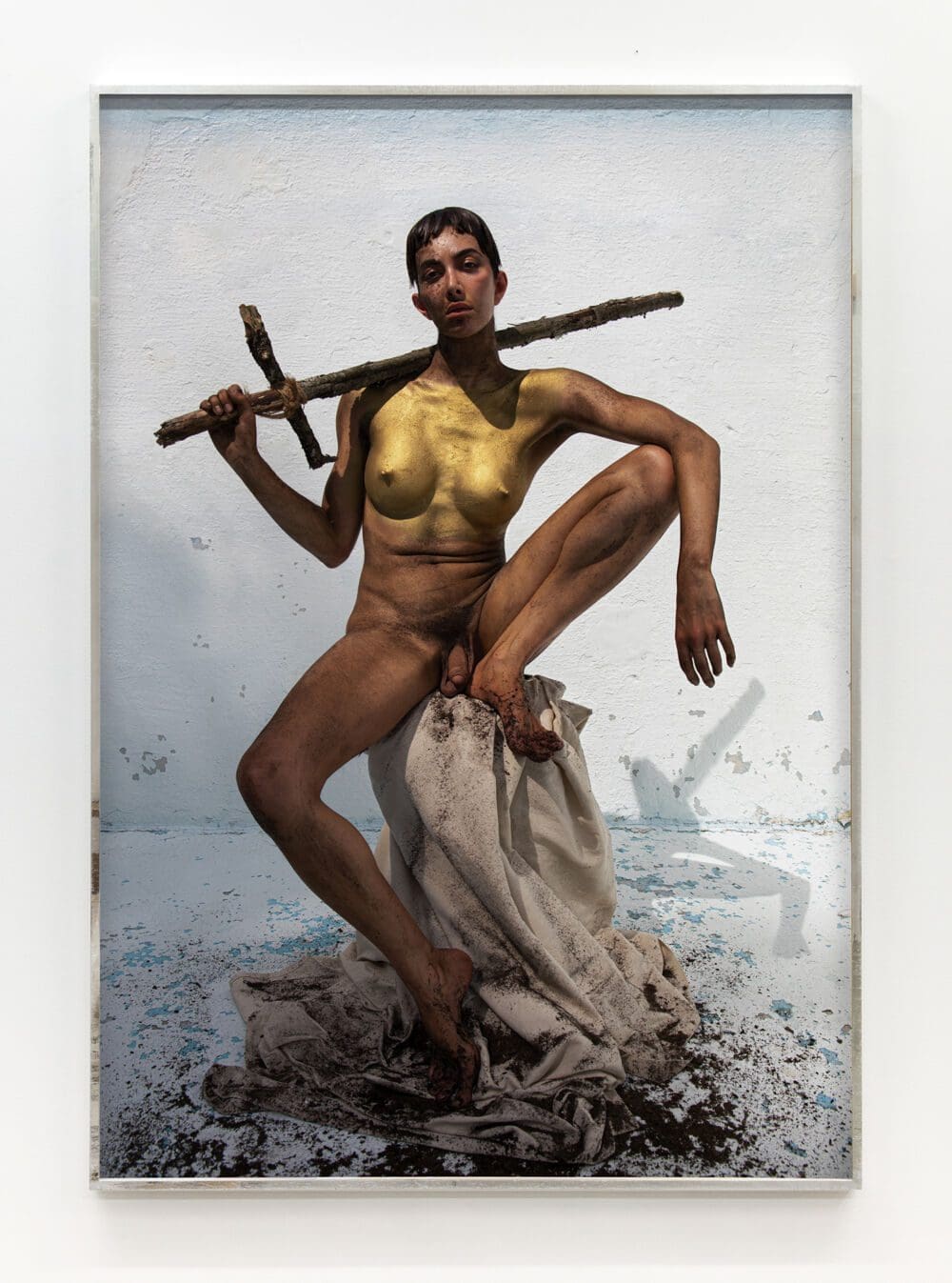 Martine Gutierrez Joan from ANTI-ICON: APOKALYPSIS, 2021 C-print mounted on Dibond, hand-distressed welded aluminum frame, optium plexi Image Dimensions: 55 x 38 1/2 inches (139.7 x 97.8 cm) Framed Dimensions: 55 1/2 x 38 3/4 inches (141 x 98.4 cm) Edition of 7