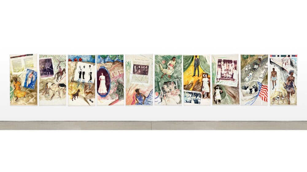 Emma Amos Odyssey, 1988 Set of ten monoprints with acrylic, glitter and photo transfer on Sekishu paper 72 x 40 inches (182.9 x 101.6 cm) each Edition variant of 2