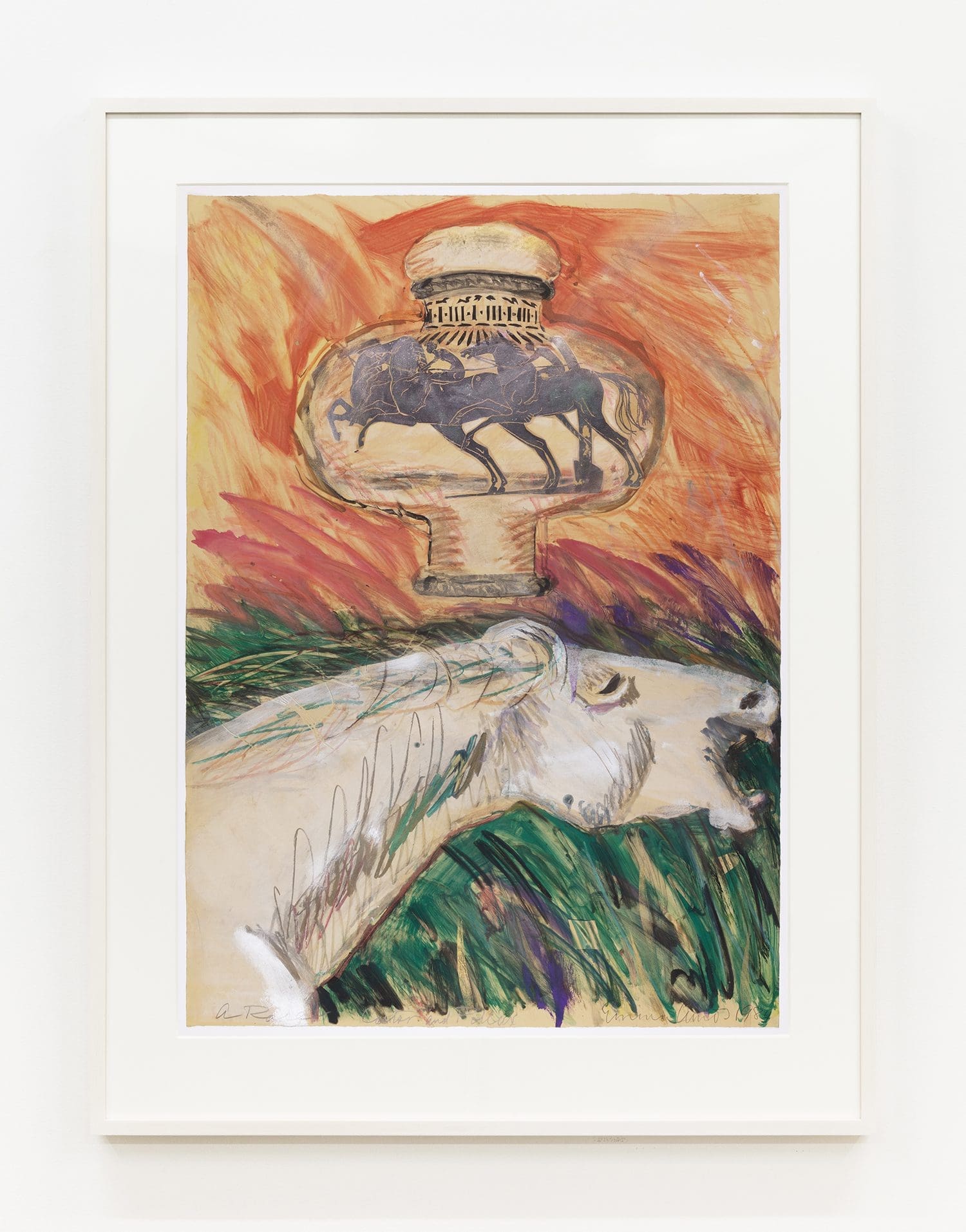 Emma Amos A Race-Castor and Pollux, 1984 Monoprint with photo transfer, collagraph, and hand coloring Image Dimensions: 41 3/4 x 29 3/4 inches (106 x 75.6 cm) Framed Dimensions: 51 9/16 x 39 3/16 inches (131 x 99.5 cm)