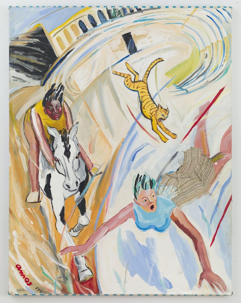 Emma Amos Into the Air, Jump Birdpeople, Cats, Horses, 1987 Acrylic on canvas with handmade weaving by the artist and African fabric borders 56 x 43 inches (142.2 x 109.2 cm)