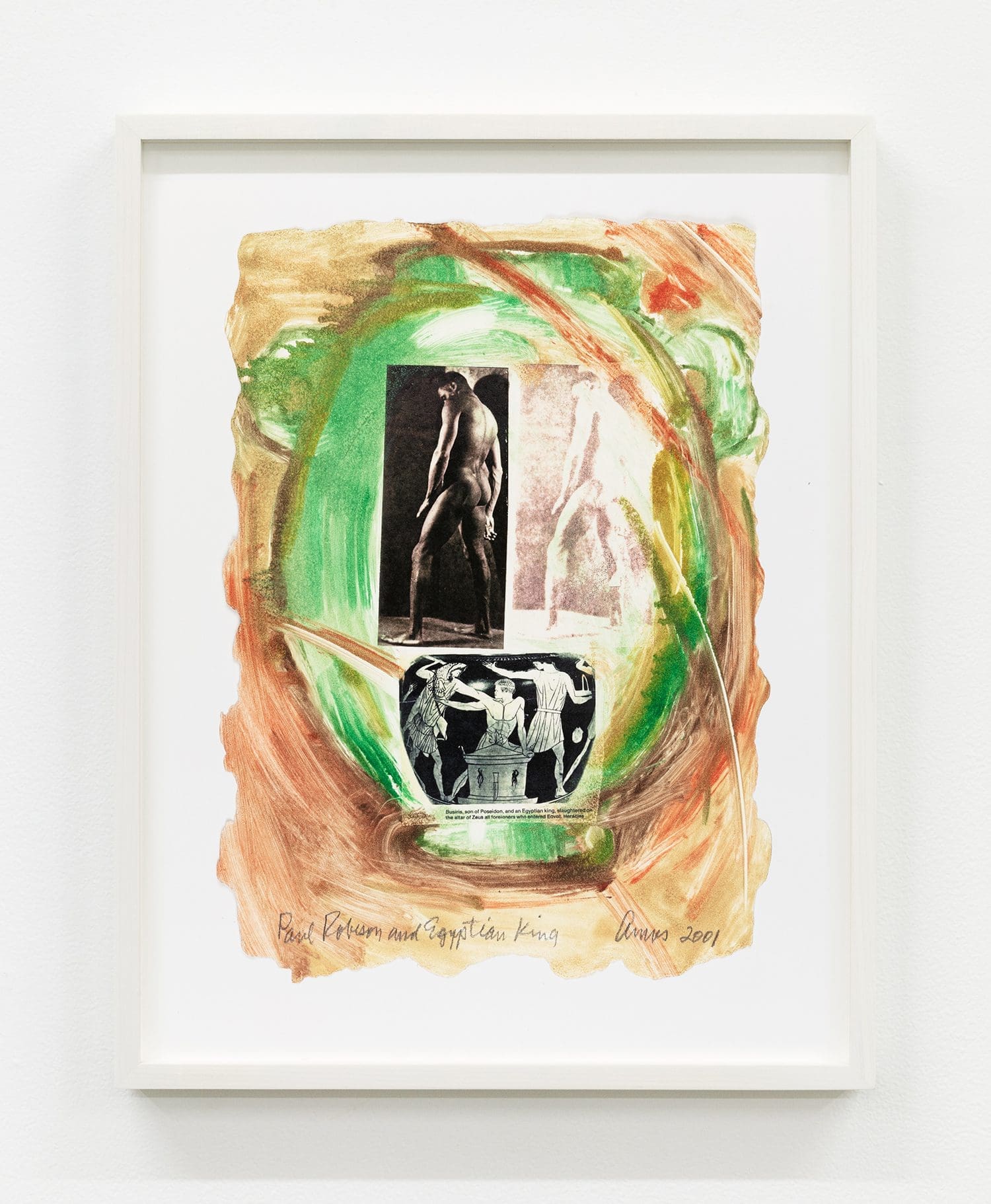 Emma Amos Paul Robeson and Egyptian King, 2001 Monoprint with photo transfer Image Dimensions: 14 3/4 x 11 1/4 inches (37.5 x 28.6 cm) Framed Dimensions: 19 x 14 7/8 inches (48.3 x 37.8 cm)