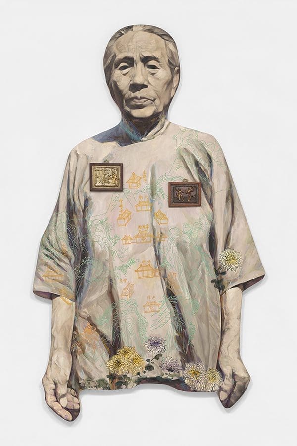 Hung Liu Grandma, 1993 and 2013 Oil on shaped canvas and antique architectural panel 99 1/2 x 59 1/4 inches (252.7 x 150.5 cm)