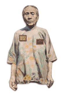Hung Liu Grandma, 1993 and 2013 Oil on shaped canvas and antique architectural panel 99 1/2 x 59 1/4 inches (252.7 x 150.5 cm)
