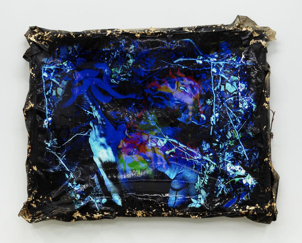 Christopher Udemezue Where lies the seeds of the dead I shall bring forth echoes that gather in the light, 2023 C-print on canvas with acrylic, resin, and objects found in Bickersteth, Jamaica 41 x 56 inches (104.1 x 142.2 cm)