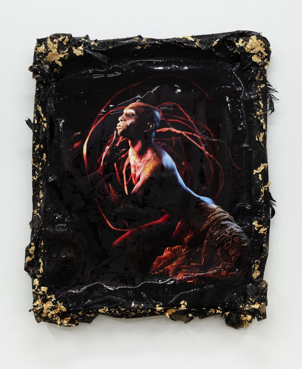 Christopher Udemezue I knew she was in the room with me..., 2023 C-print on canvas with acrylic, resin, and objects found in Bickersteth, Jamaica 40 x 35 inches (101.6 x 88.9 cm)
