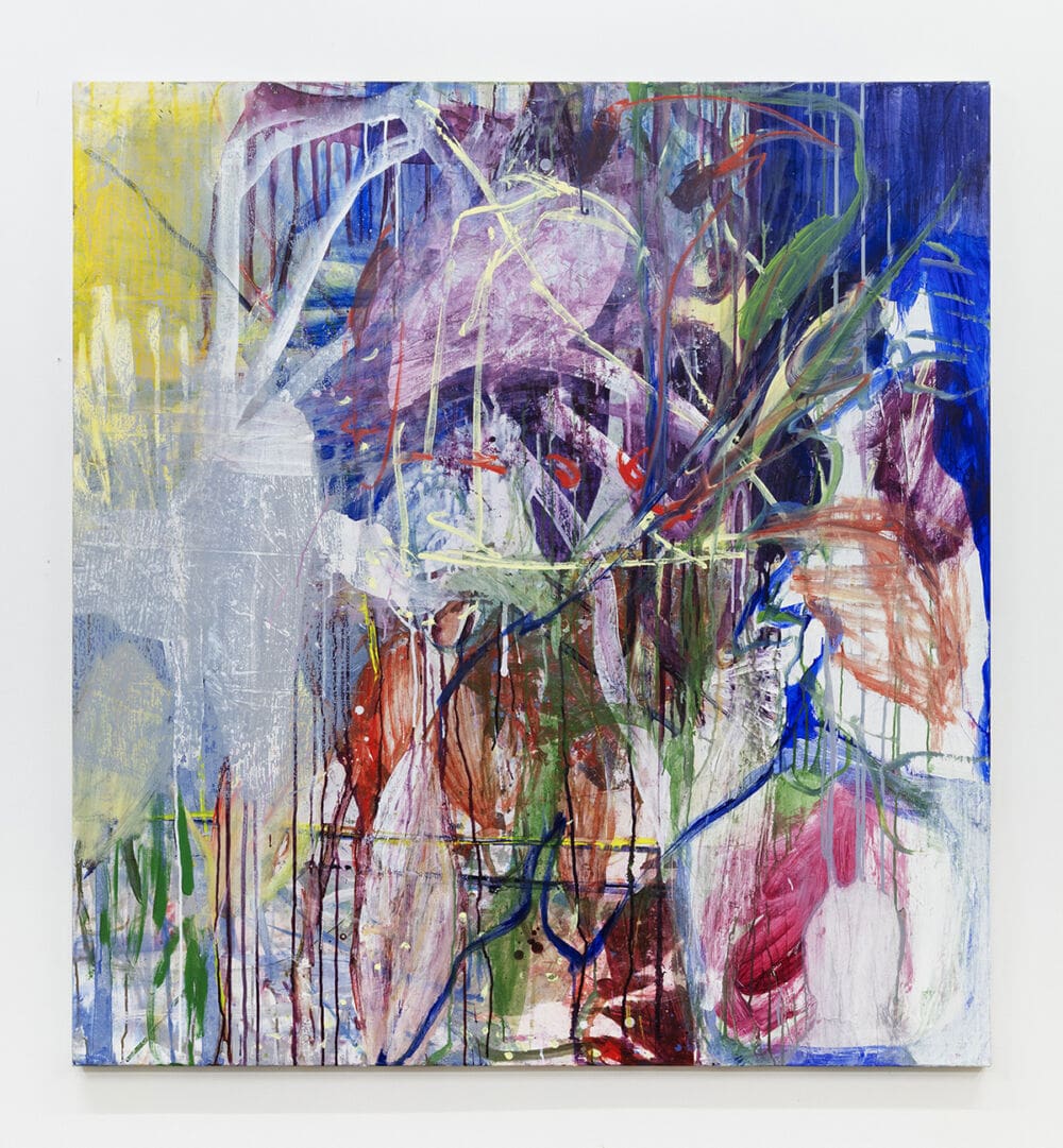 Ina Gerken Arrival II, 2023 Acrylic, pastel, oil pastel, tracing paper on canvas 59 1/8 x 55 1/8 inches (150.2 x 140 cm)