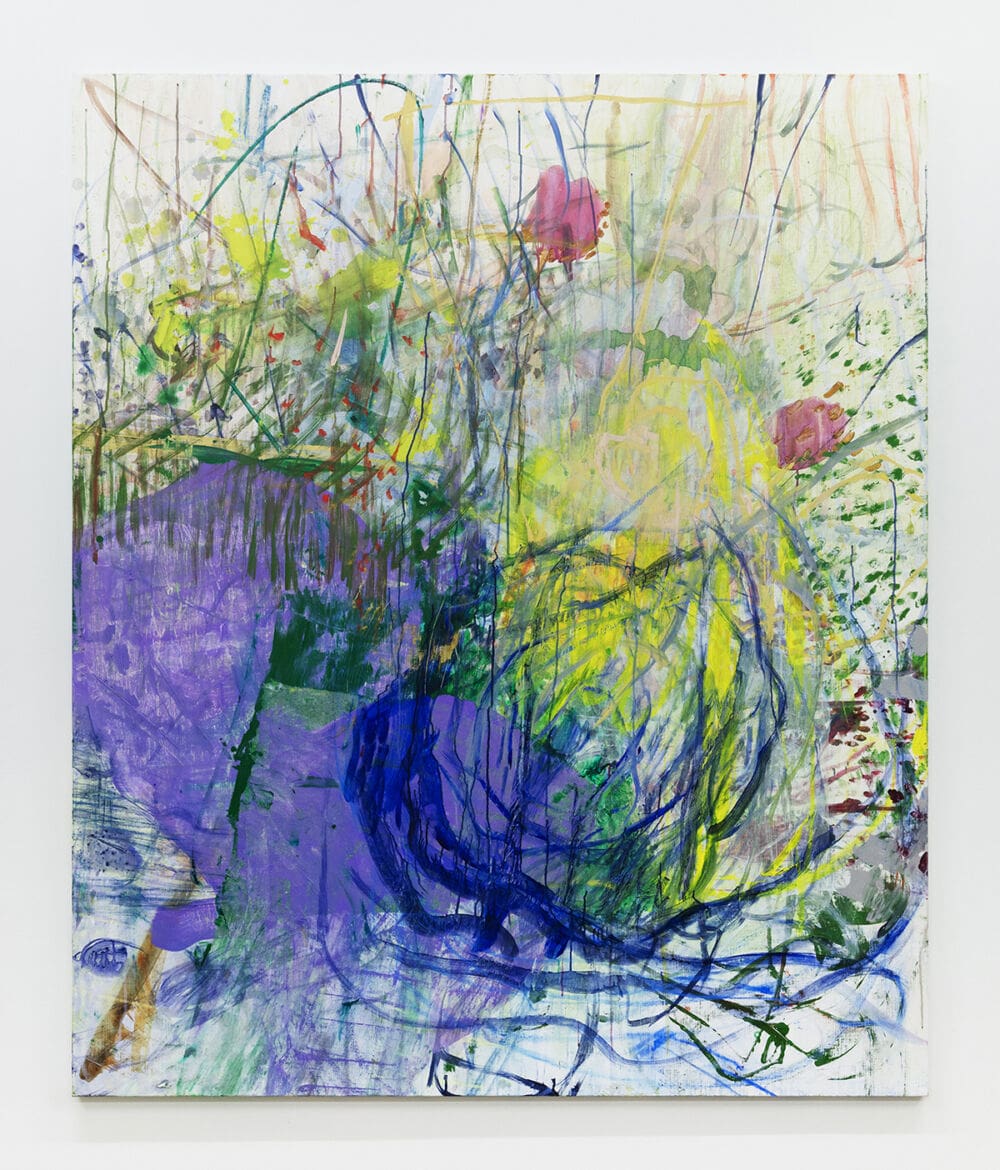 Ina Gerken Growing, 2023 Acrylic, pastel, oil pastel, tracing paper on canvas 71 x 59 inches (180.3 x 149.9 cm)