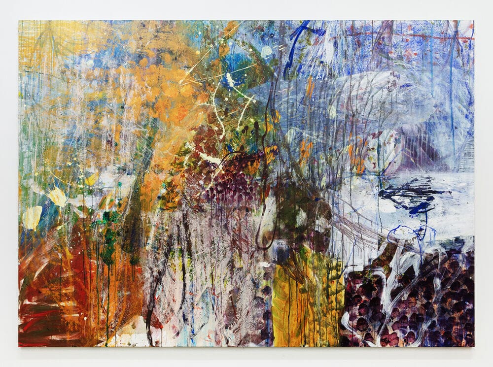 Ina Gerken Flux, 2023 Acrylic, pastel, oil pastel, tracing paper on canvas 71 x 98 1/2 inches (180.3 x 250.2 cm)