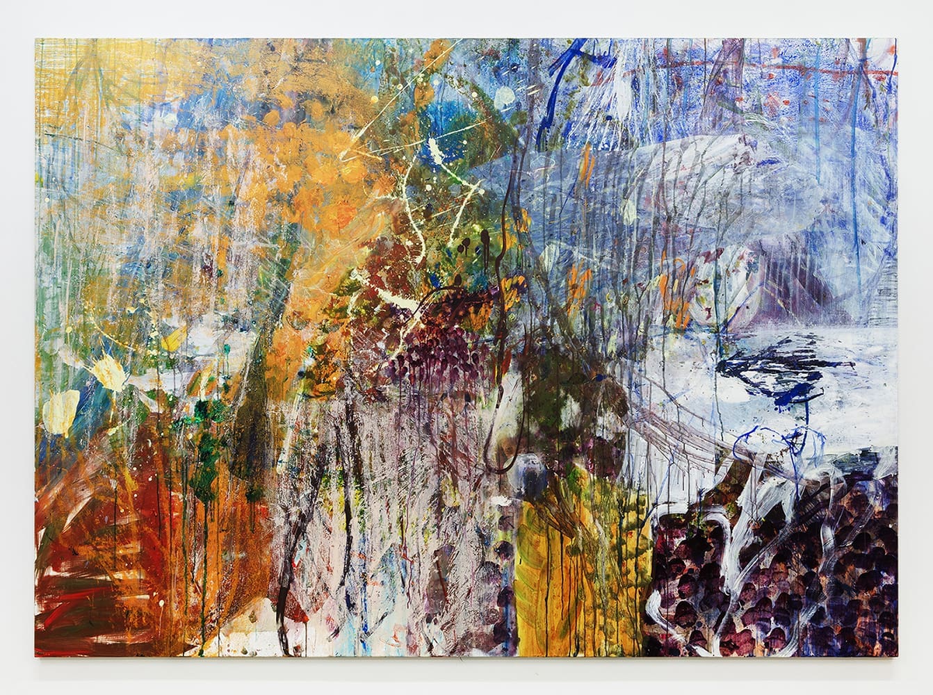 Ina Gerken Flux, 2023 Acrylic, pastel, oil pastel, tracing paper on canvas 71 x 98 1/2 inches (180.3 x 250.2 cm)