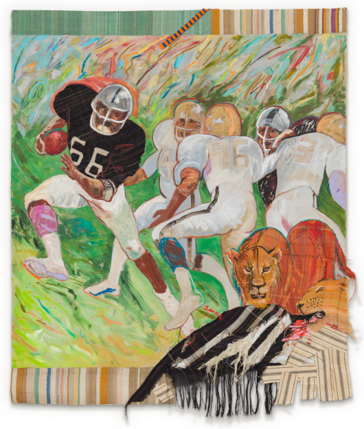 Emma Amos Interception-Lion, 1984 Acrylic on canvas with handmade weaving by the artist and fabric collage 92 x 75 inches (233.7 x 190.5 cm)