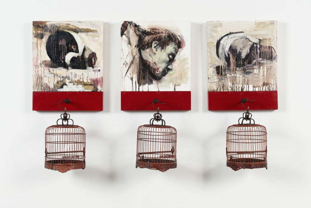 Hung Liu Boxer Rebellion I, 1996 Oil on canvas in three panels with lacquered wood and birdcages 30 x 80 x 10 1/4 inches (76.2 x 203.2 x 26 cm)