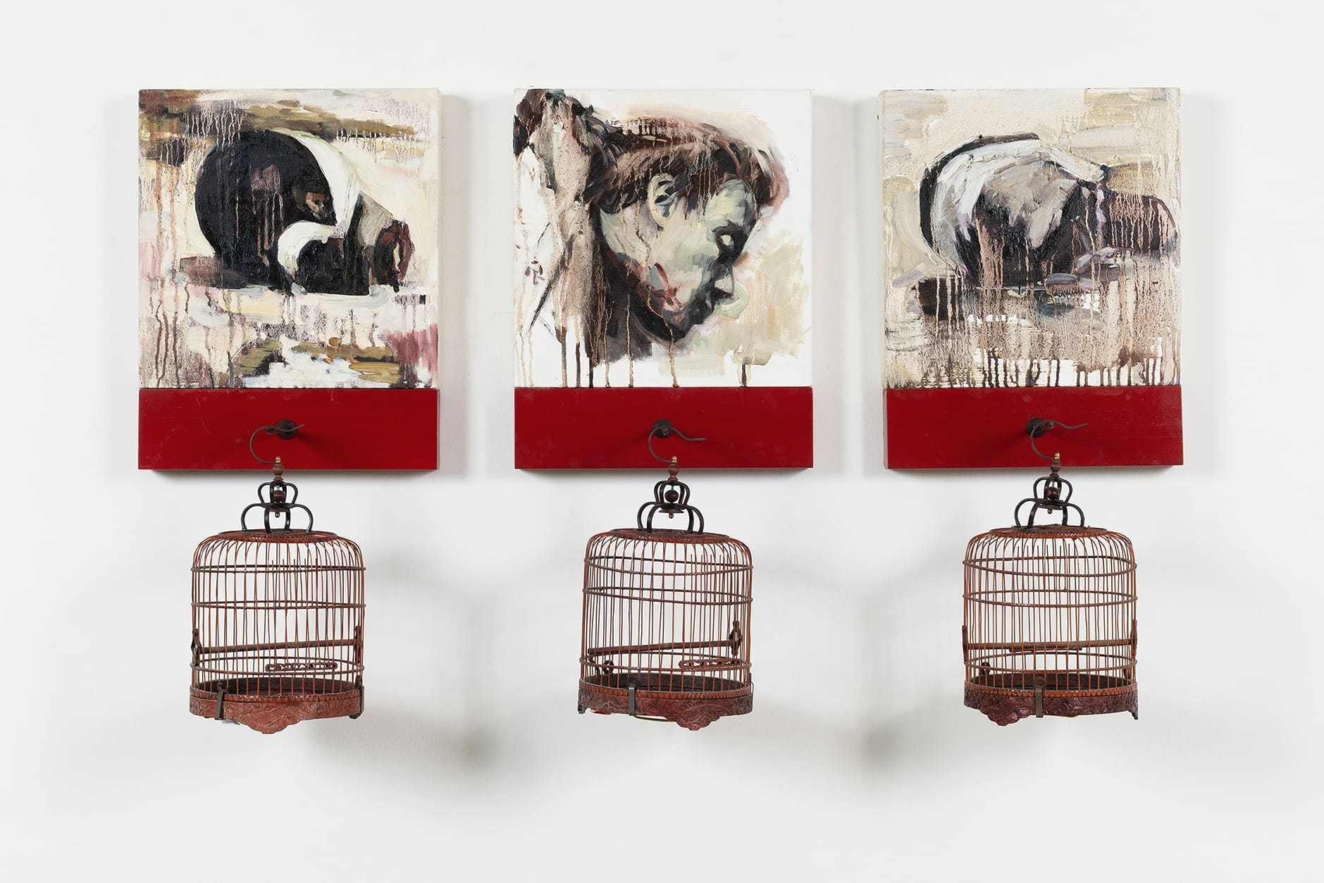 Hung Liu Boxer Rebellion I, 1996 Oil on canvas in three panels with lacquered wood and birdcages 30 x 80 x 10 1/4 inches (76.2 x 203.2 x 26 cm)