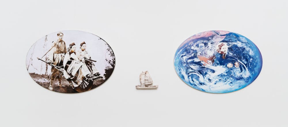 Hung Liu Migrants, 1993 Oil and silkscreen on two shaped canvases with silver leaf on wood Overall: 48 x 176 x 3 3/4 inches (121.9 x 447 x 9.5 cm) Ovato Tondo: 48 x 68 x 1 1/2 inches (121.9 x 172.7 x 3.8 cm) each Shrimp Junk: 13 x 17 x 3 3/4 inches (33 x 43.2 x 9.5 cm)