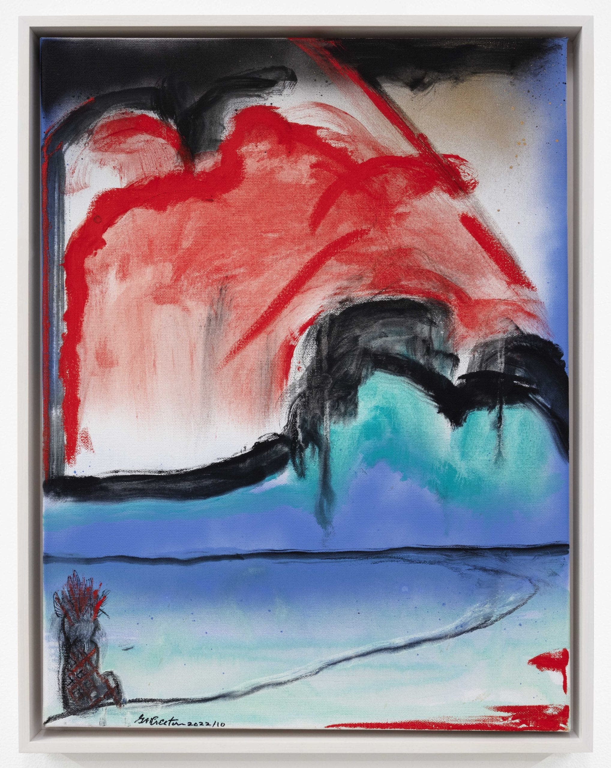 George Nelson Preston From The Ayahuasca Notebook: Shaman Xañ Kuin Contemplating Arpoador Beach and Beyond (II) / Do caderno de Ayahuasca: Pajé Xañ Kuin contemplando a Praia Arpoador é alem (II), 2022 Oil on canvas 25 1/2 x 19 3/8 inches (64.8 x 49.2 cm)
