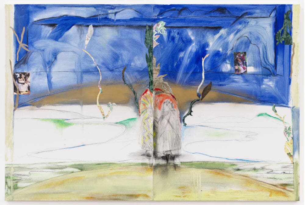 George Nelson Preston How I Introduced Shaman Xañ Kuin and Okomfo Yaa Fosia / Como parentei Pajé Xañ Kuin para Okomfo Yaa Fosia, 2024 Oil, acrylic, and paper collage on canvas in two parts 48 x 36 inches (121.9 x 91.4 cm) each 48 x 72 1/8 inches (121.9 x 183.2 cm) overall