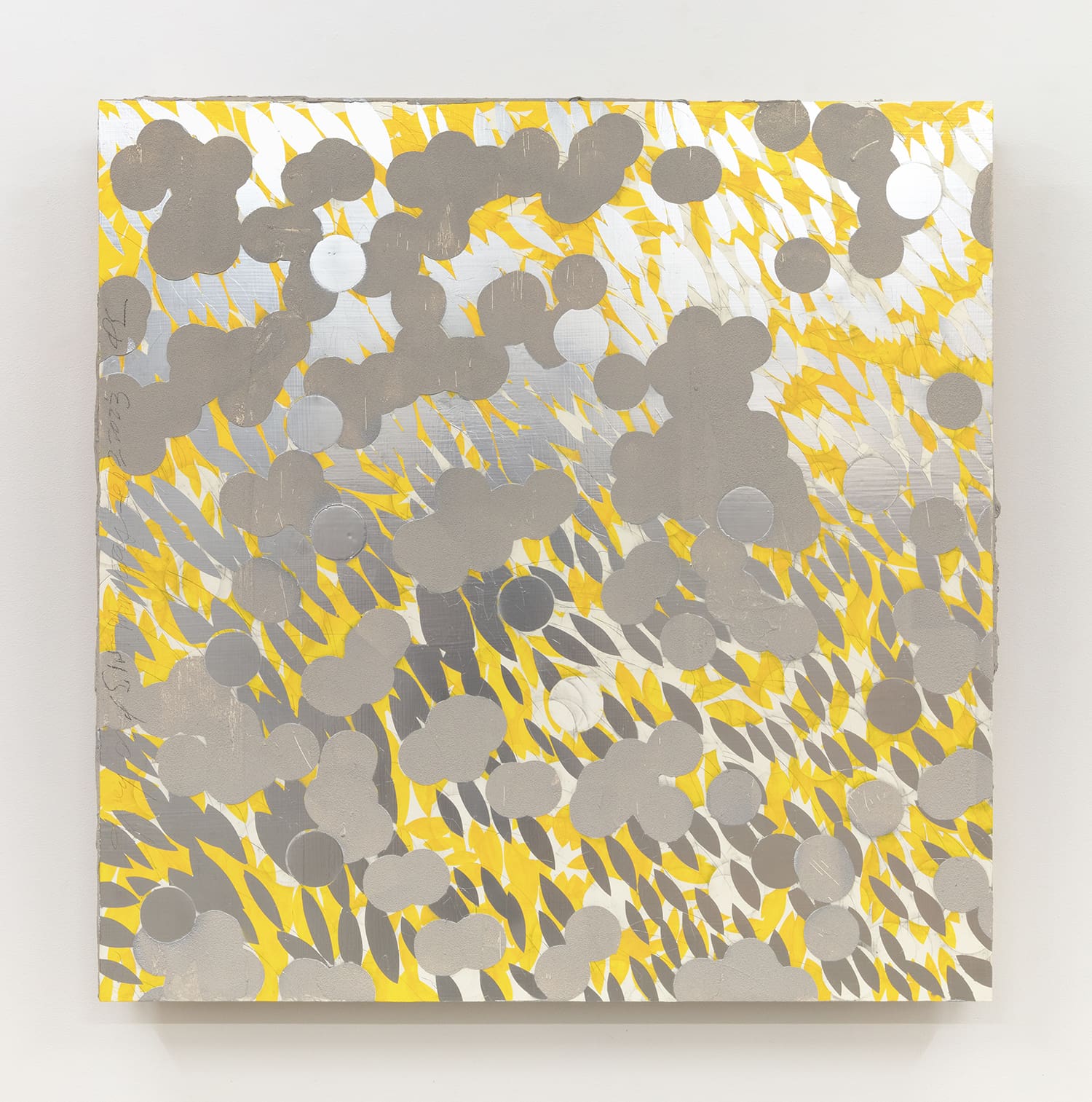 Donald Sultan Yellow and Silver Mimosa Feb 2 2023, 2023 Enamel, cement, silver spray paint, graphite on masonite 48 x 48 inches (121.9 x 121.9 cm)