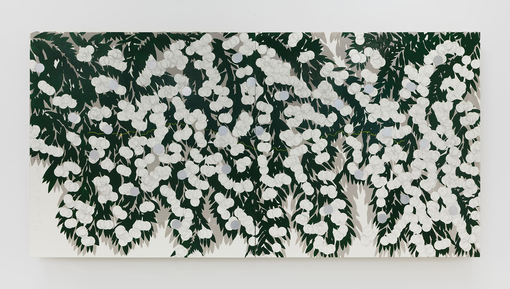 Donald Sultan Mimosa in Cement and Silver Oct 24 2023, 2023 Enamel, cement, silver spray paint, graphite on masonite 48 x 96 inches (121.9 x 243.8 cm)