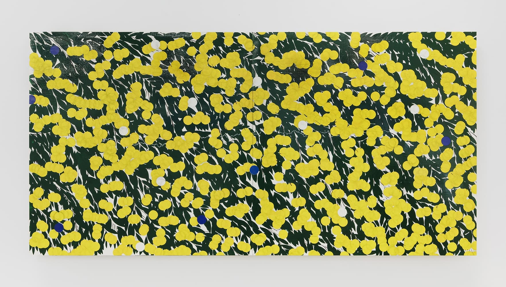 Donald Sultan Yellow and Green Mimosa with Anomaly and String July 26 2023, 2023 Enamel, cement, silver spray paint, graphite on masonite 48 x 96 inches (121.9 x 243.8 cm)