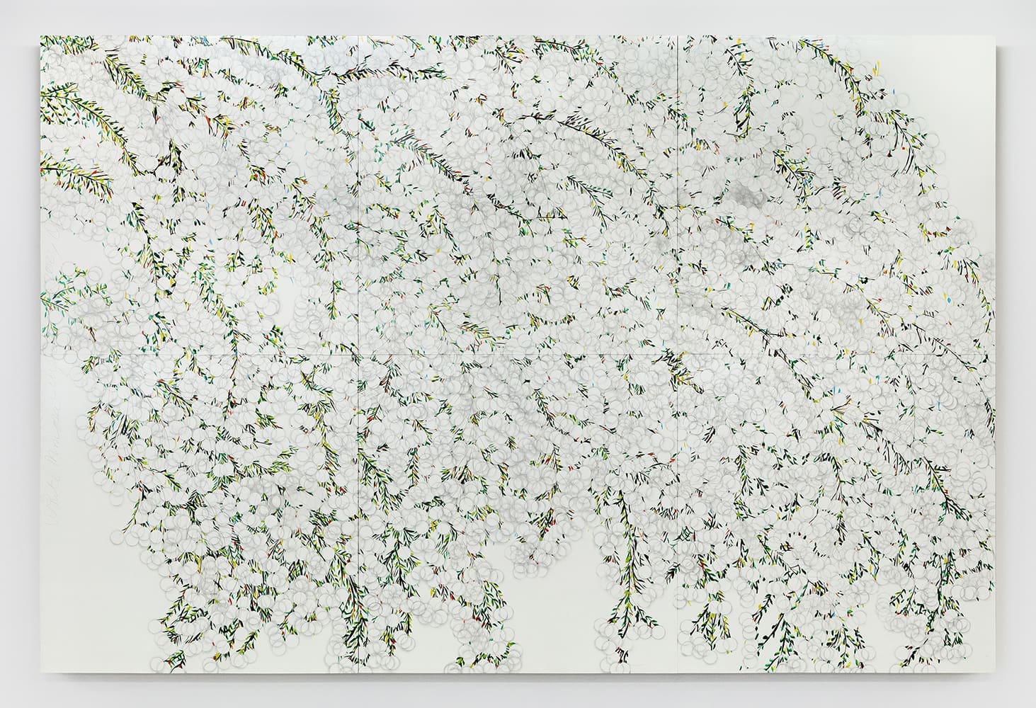 Donald Sultan White Mimosa August 20 2024, 2024 Enamel, cement, silver spray paint, graphite on masonite 96 x 144 inches (243.8 x 365.8 cm)