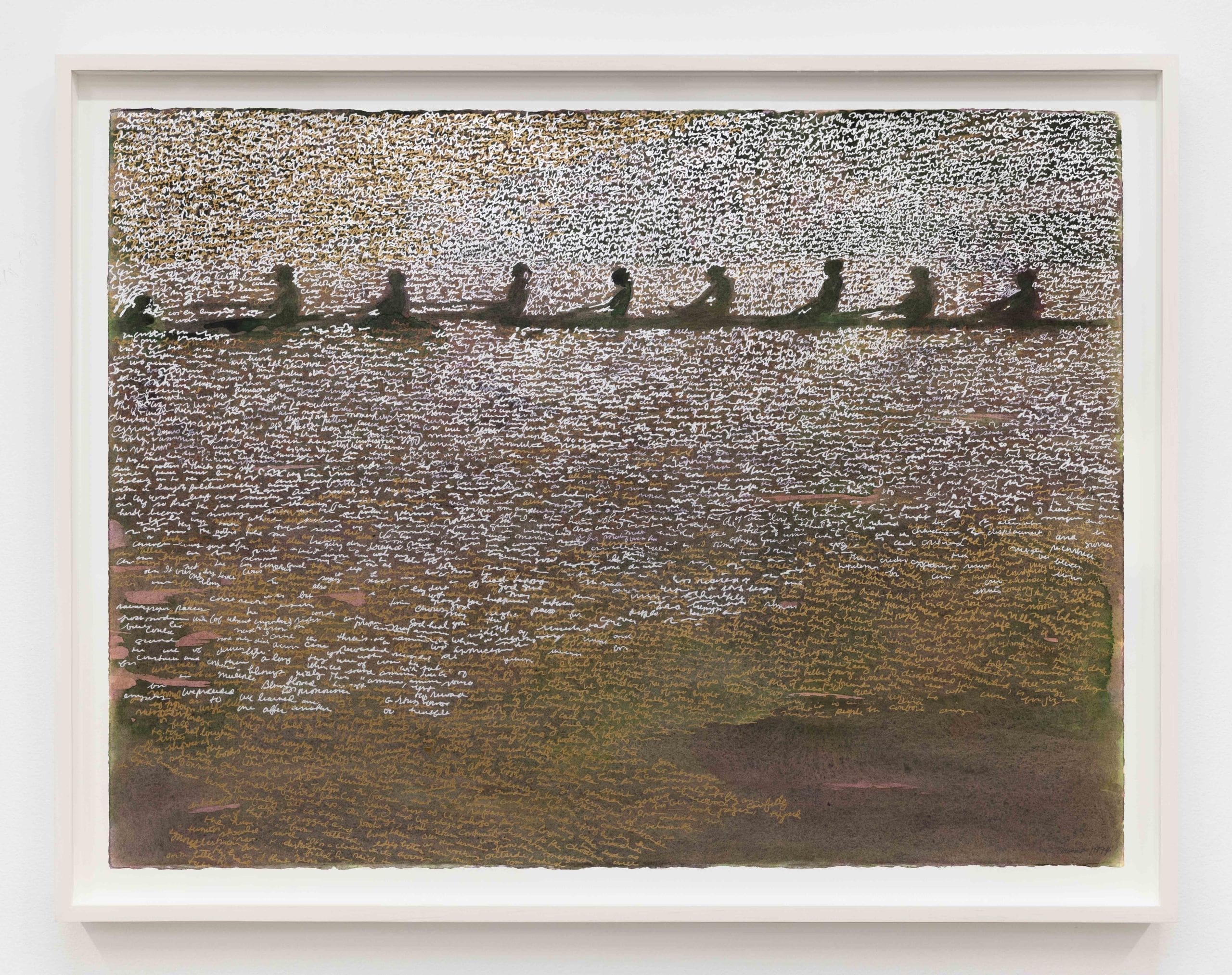 May Stevens On the Charles River, 1994 Mixed media on paper Paper Dimensions: 22 1/4 x 30 inches (56.5 x 76.2 cm) Framed Dimensions: 25 5/16 x 32 7/8 inches (64.3 x 83.5 cm)
