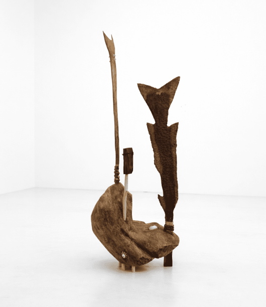 Amber Khan For Kala, Manini, and Mākāhā, 2025 Hau wood, niu stem, 'opihi, hā'uke'uke, kamani wood, strawberry guava wood, waxed thread 48 x 38 x 32 inches (121.9 x 96.5 x 81.3 cm)