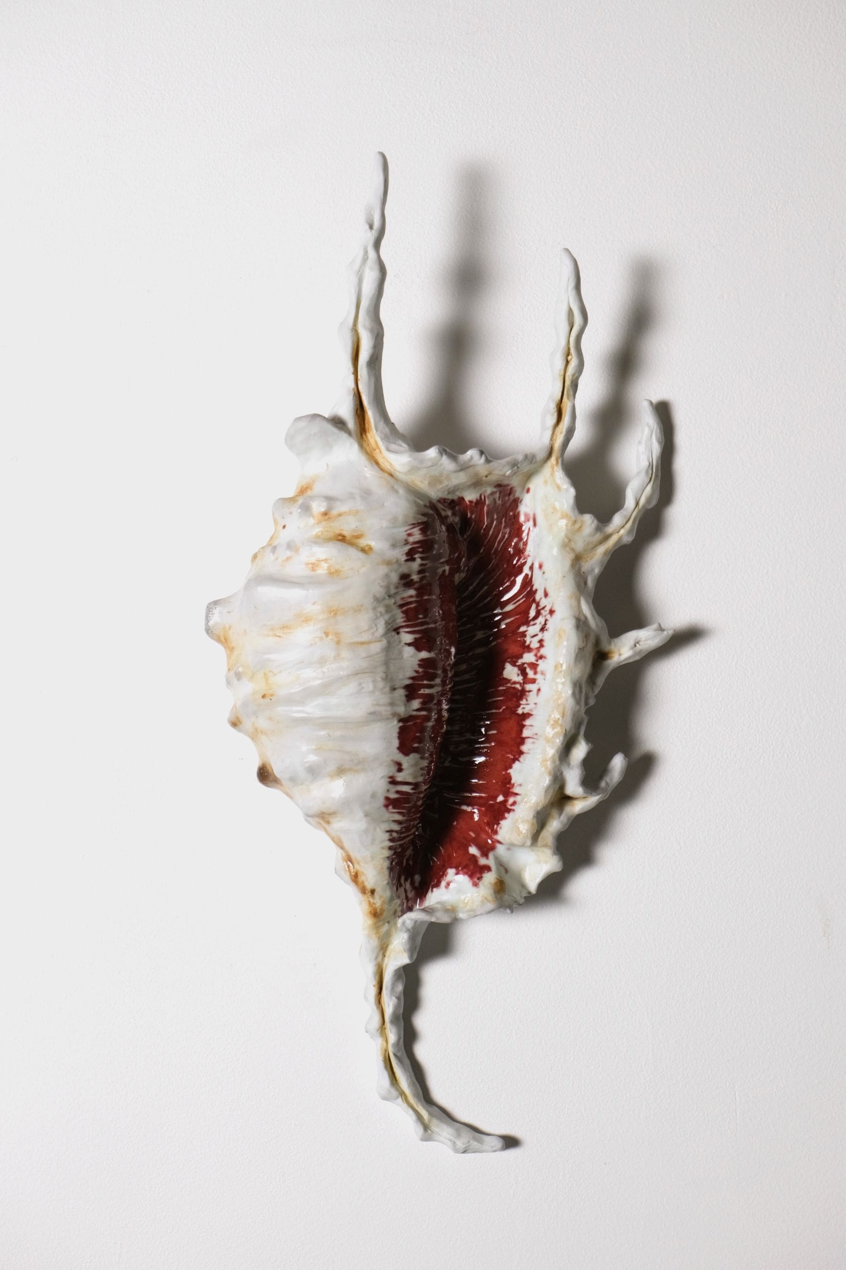 Dane Nakama calls from home (spider conch), 2026 High-fire porcelain and audio equipment 24 x 10 x 5 inches (61 x 25.4 x 12.7 cm)