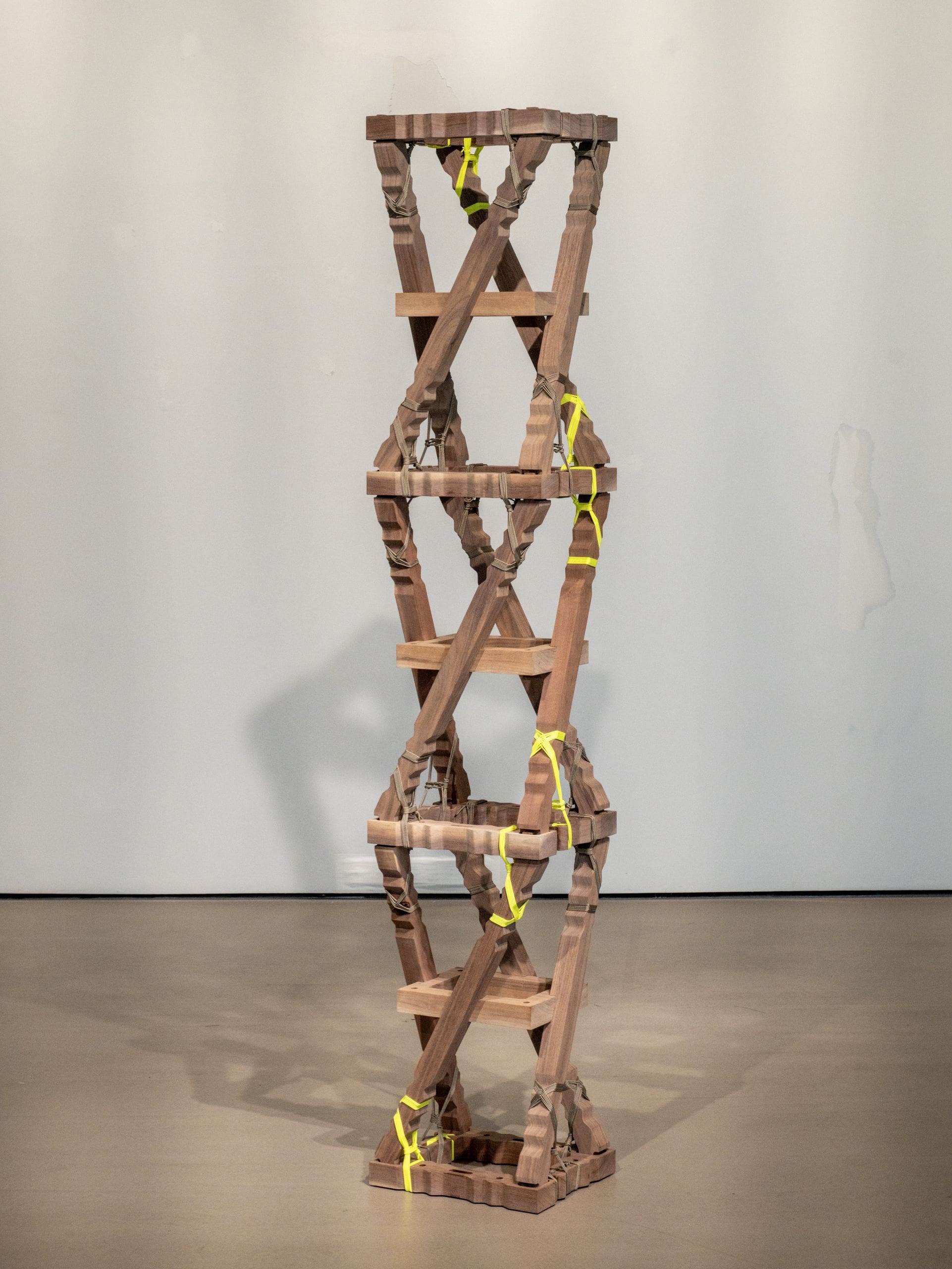 Sean Connelly Helix, 2025 Walnut wood, cord 80 x 14 x 11 inches (203.2 x 35.6 x 27.9 cm)